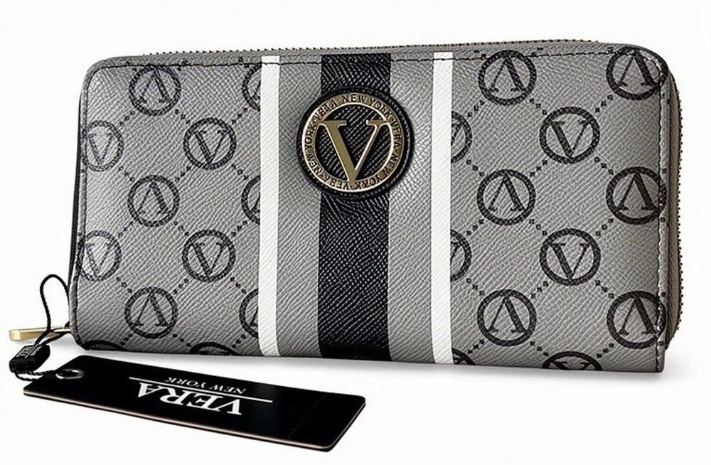 VERA New York Logo Pattern Wallet – Gray/White Stripe, Zip-Around Clutch